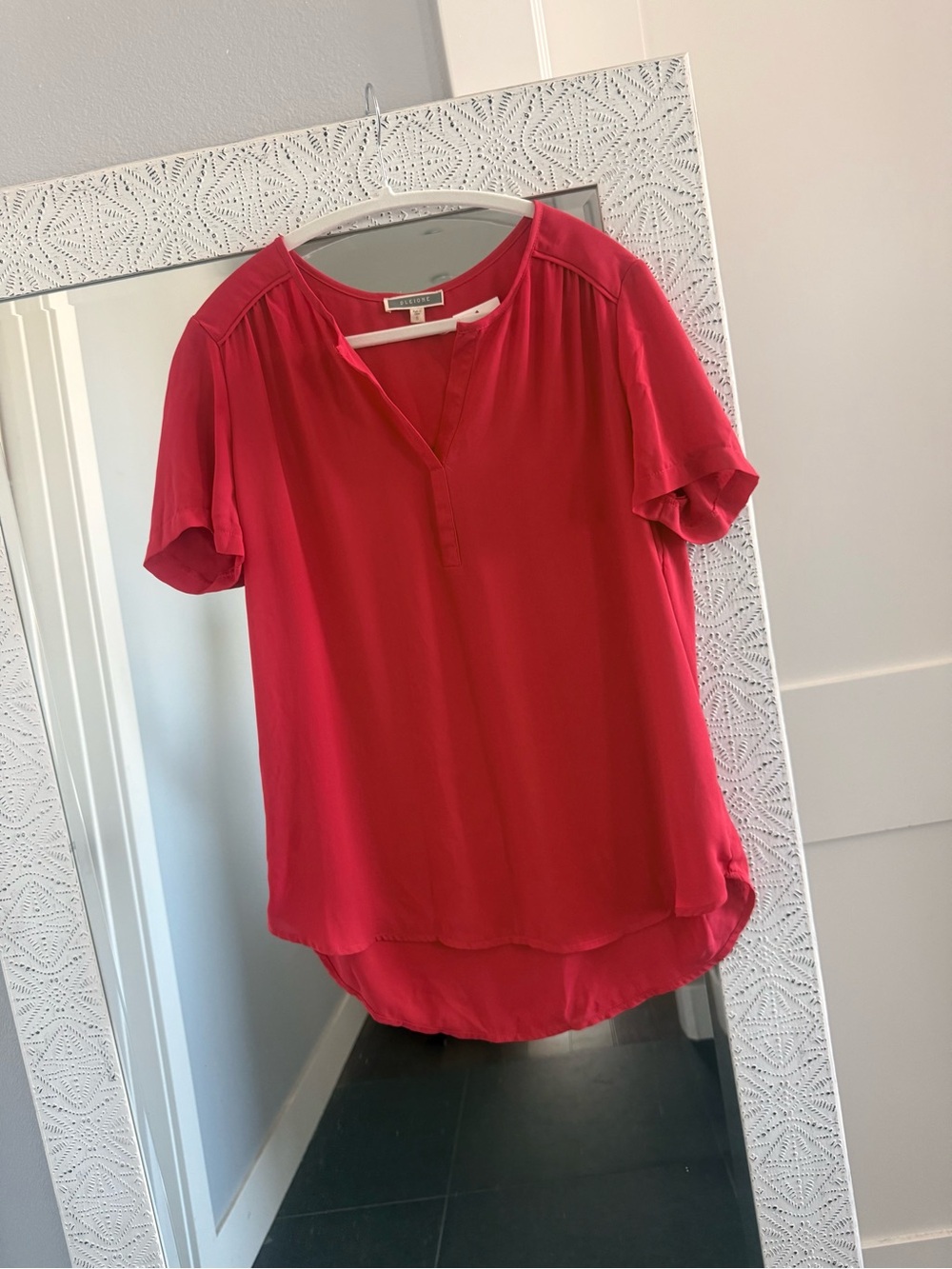 Pleione Bright Red Split V-Neck Short Sleeve Blouse
